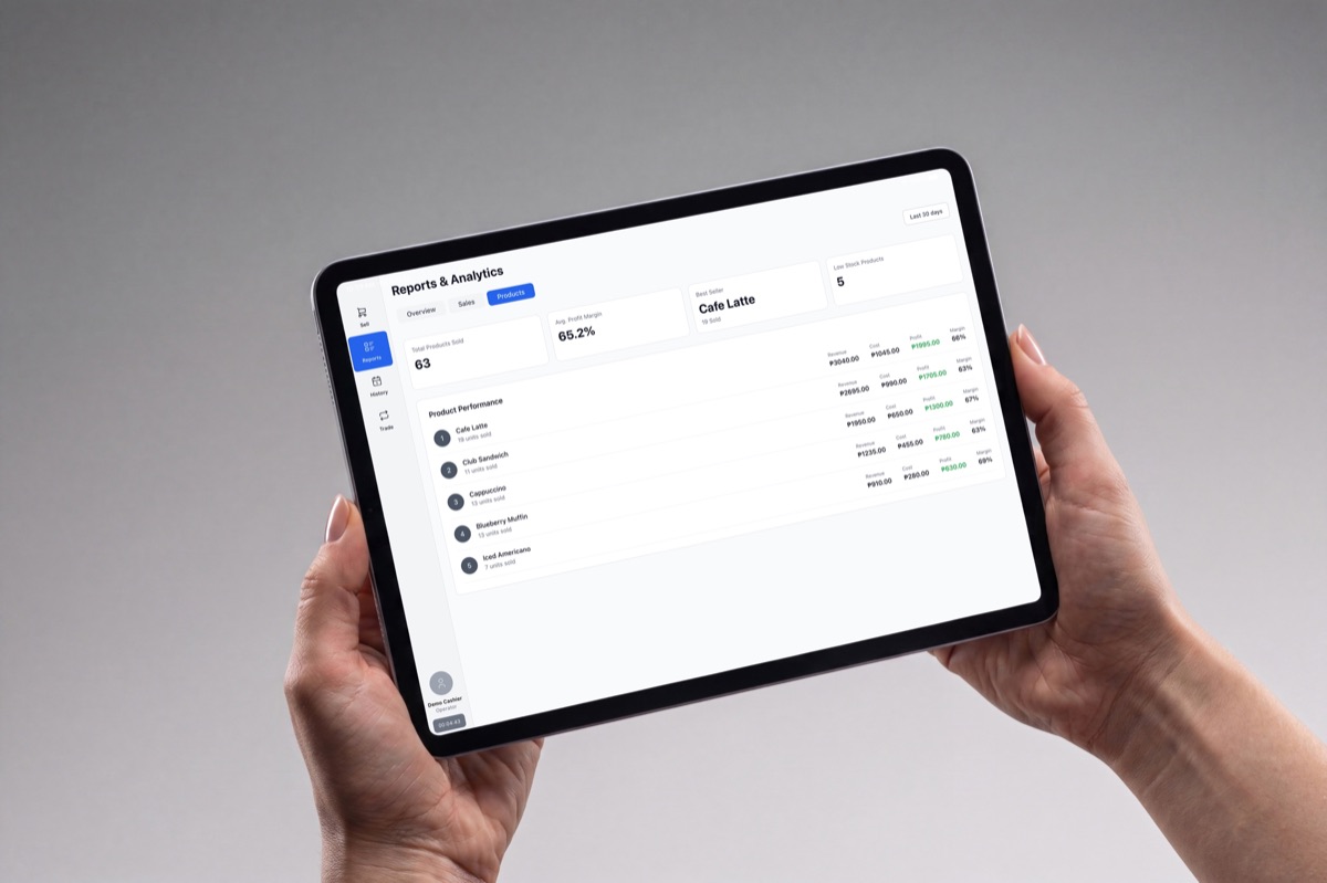 Brella's product performance report open on a tablet, showing revenue, cost and margin per item